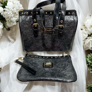 Betsey Johnson Betseyville Black Lace Vinyl Studded Purse and‎ Makeup Case